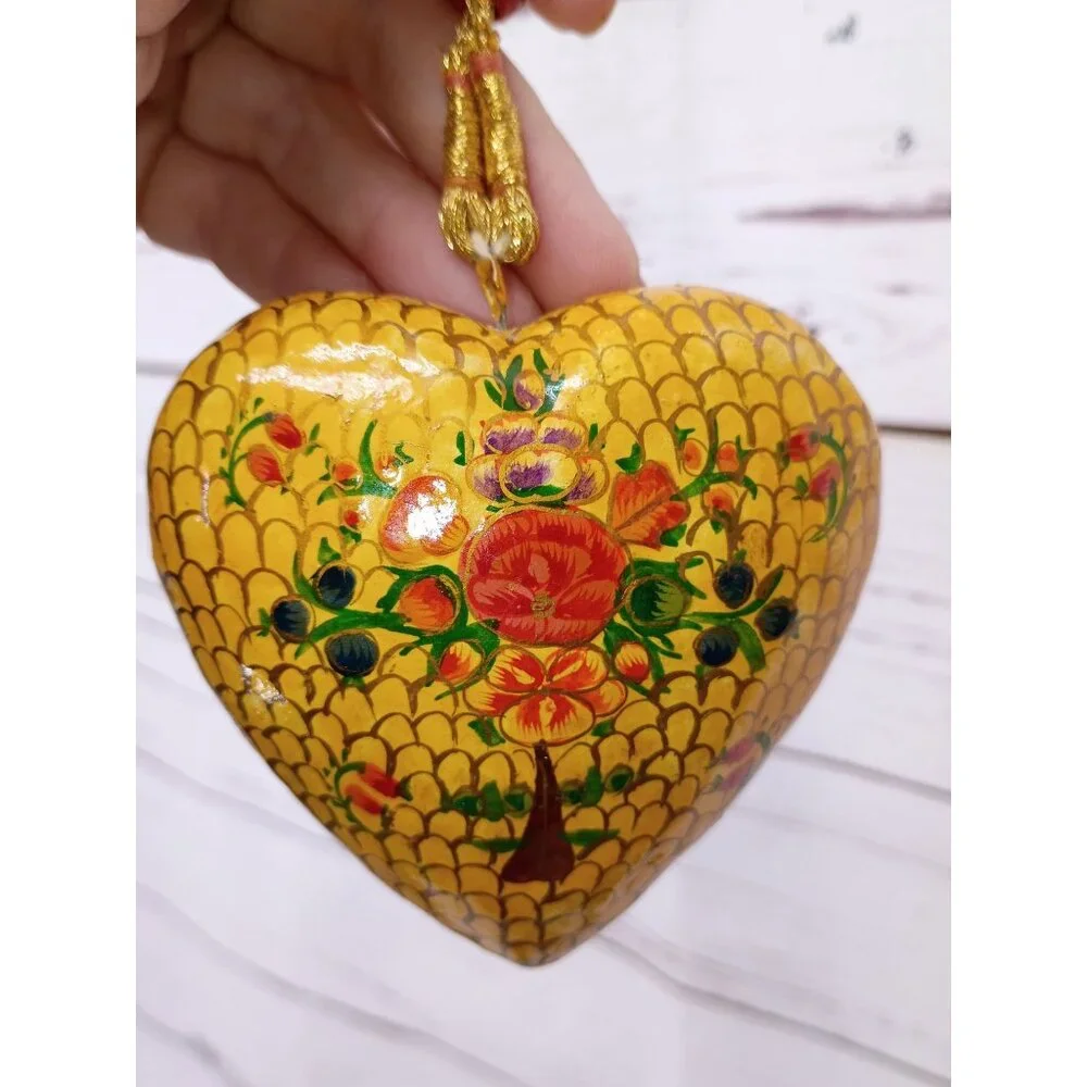 Hand-Painted Wooden Heart Ornament With Floral Design &‎ Gold Cord Yellow